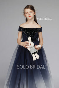 Dark Blue Gradient Tulle Flower Girl Dress