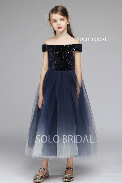 Dark Blue Gradient Tulle Flower Girl Dress