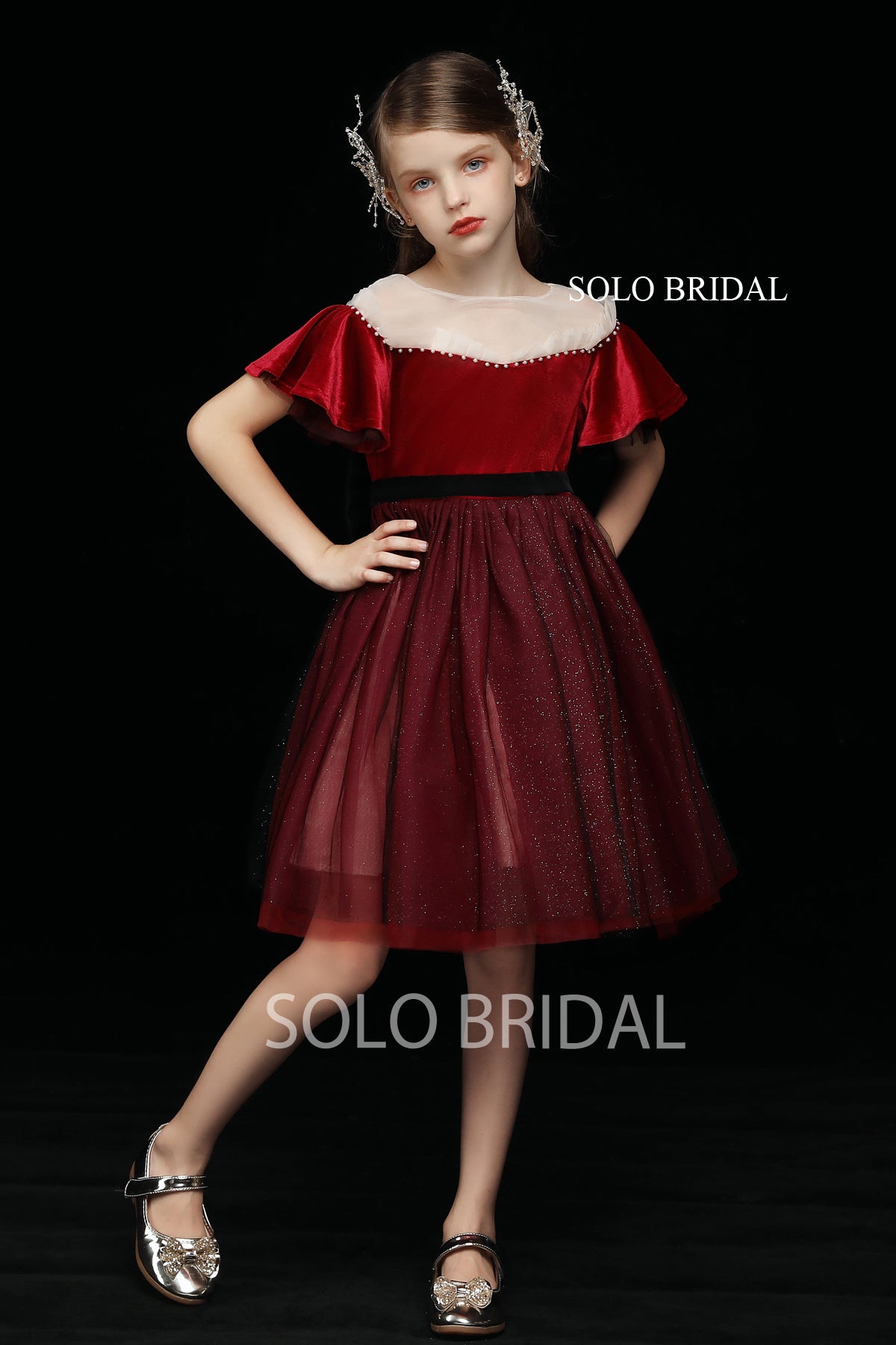 Red Velvet Shiny Tulle Flower Girl Dress