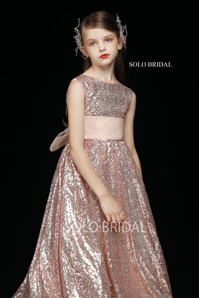 Pink Sequin Ankle Length Flower Girl Dress