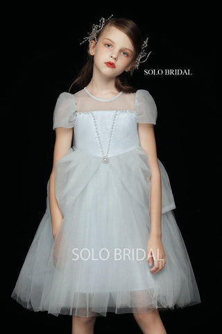 Light Blue Shiny Tulle Knee Length Flower Girl Dress
