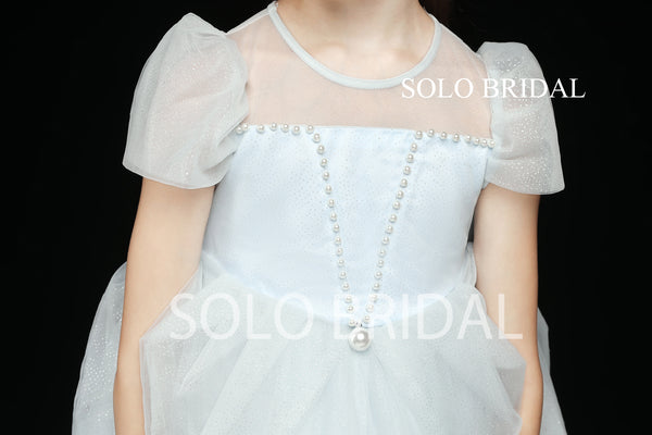 Light Blue Shiny Tulle Knee Length Flower Girl Dress