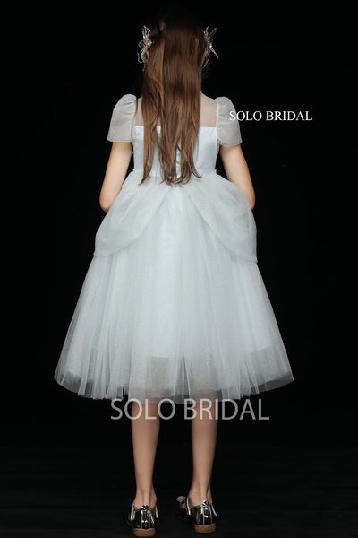 Light Blue Shiny Tulle Knee Length Flower Girl Dress