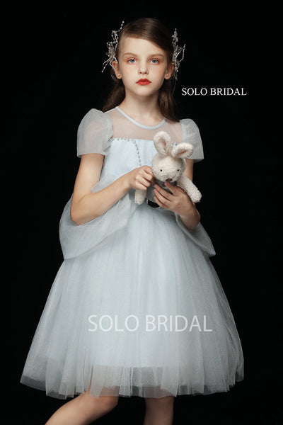 Light Blue Shiny Tulle Knee Length Flower Girl Dress