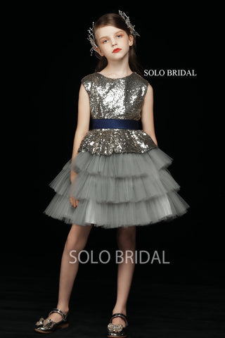 Grey Sequin and Tulle Flower Girl Dress