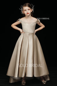 Gold Satin A Line Flower Girl Dress with Sweep Train