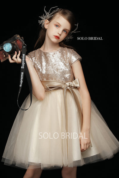 Short Length Gold Sequin Flower Girl Dress