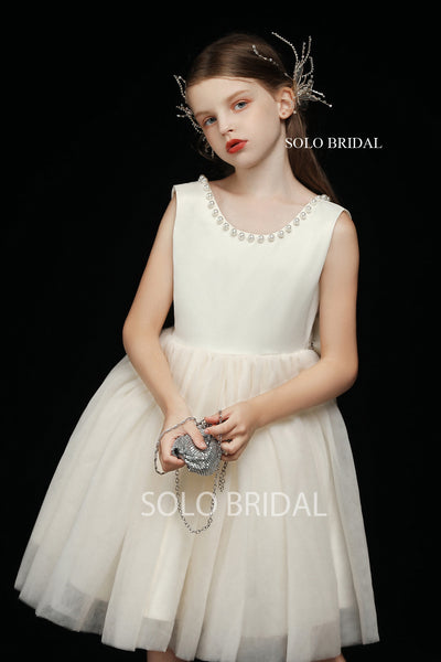 Ivory Round Bustline Flower Girl Dress with Bow