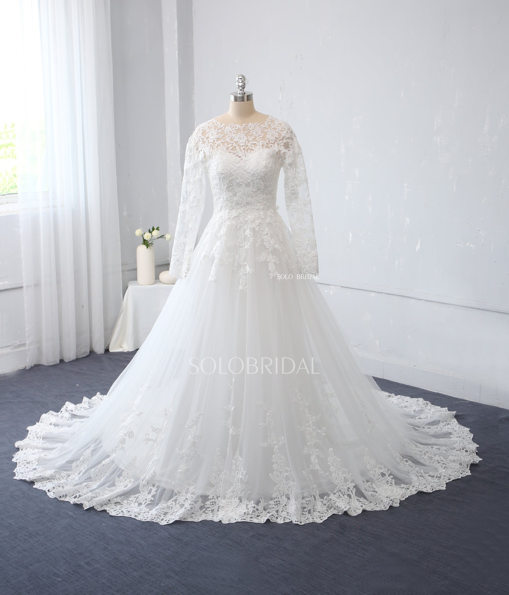 Ivory A Line Wedding Dress with Long Sleeves
