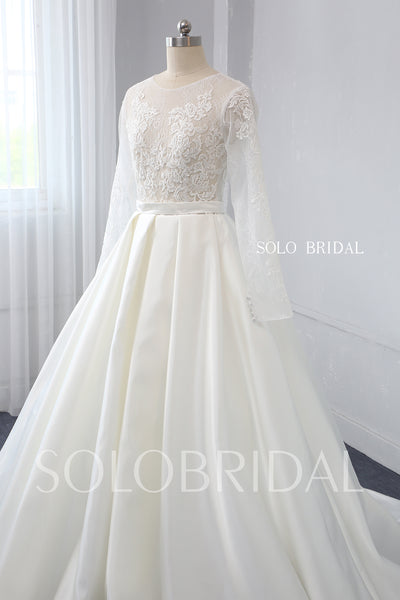 Ivory Lace Bodice with Long Sleeves Bridal Satin Skirt with Big Pleats Wedding Dress