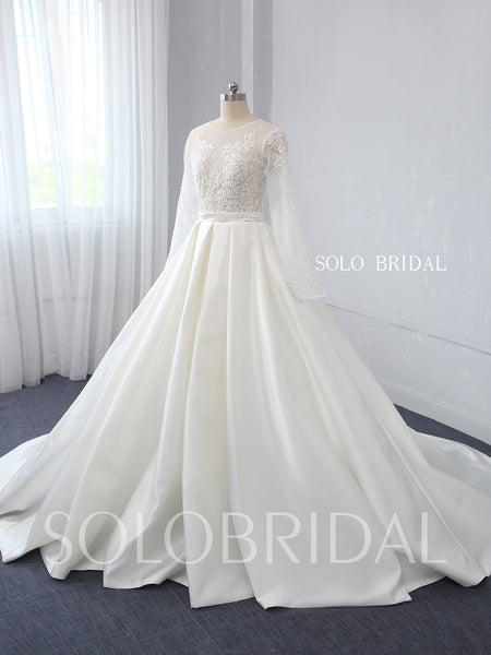 Ivory Lace Bodice with Long Sleeves Bridal Satin Skirt with Big Pleats Wedding Dress