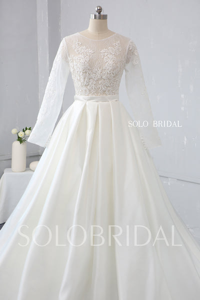 Ivory Lace Bodice with Long Sleeves Bridal Satin Skirt with Big Pleats Wedding Dress