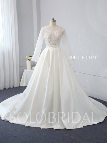 Ivory Lace Bodice with Long Sleeves Bridal Satin Skirt with Big Pleats Wedding Dress