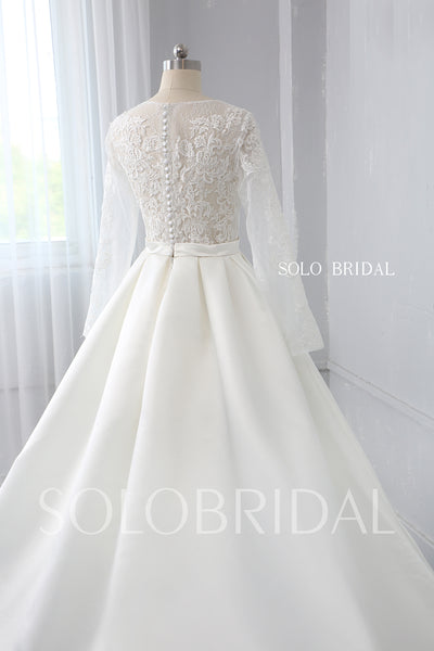 Ivory Lace Bodice with Long Sleeves Bridal Satin Skirt with Big Pleats Wedding Dress