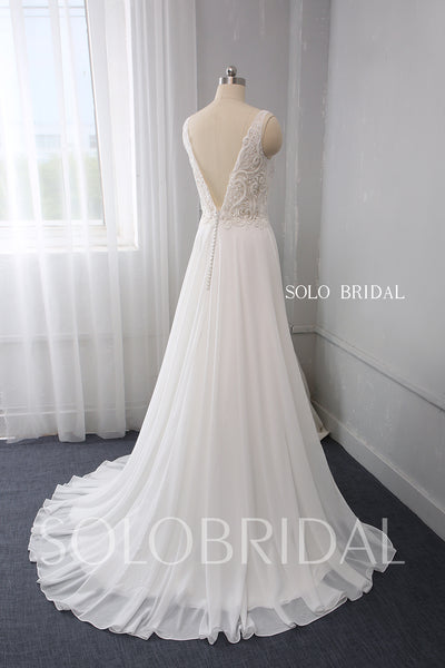 Ivory V Neck Chiffon Wedding Dress with Heavily Beaded Lace Bodice