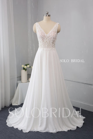 Ivory V Neck Chiffon Wedding Dress with Heavily Beaded Lace Bodice