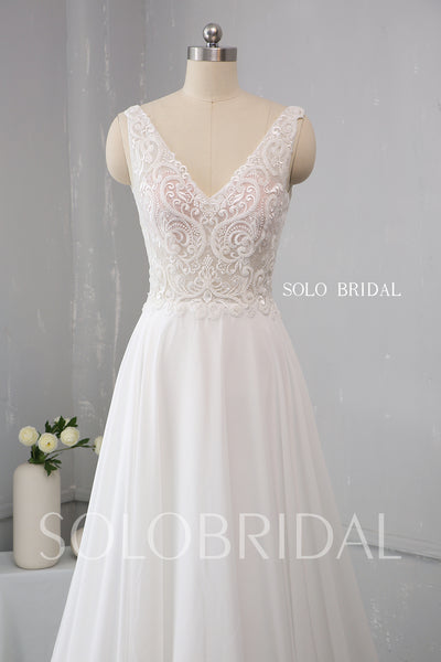 Ivory V Neck Chiffon Wedding Dress with Heavily Beaded Lace Bodice