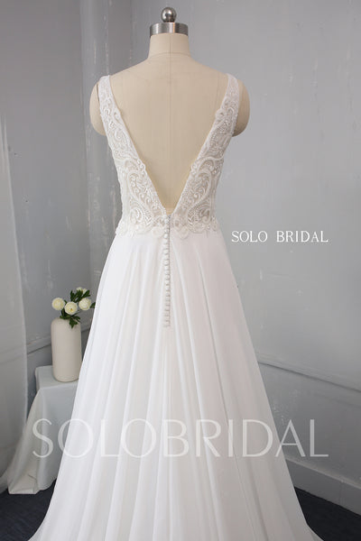 Ivory V Neck Chiffon Wedding Dress with Heavily Beaded Lace Bodice