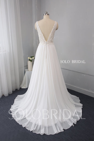 Ivory V Neck Chiffon Wedding Dress with Heavily Beaded Lace Bodice