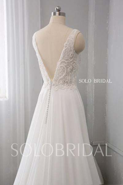 Ivory V Neck Chiffon Wedding Dress with Heavily Beaded Lace Bodice