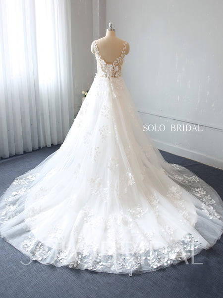 Ivory Leaf and 3D Flowers A Line Wedding Dress