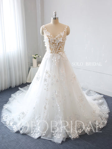 Ivory Leaf and 3D Flowers A Line Wedding Dress