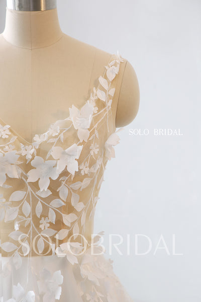 Ivory Leaf and 3D Flowers A Line Wedding Dress
