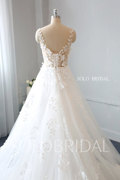 Ivory Leaf and 3D Flowers A Line Wedding Dress