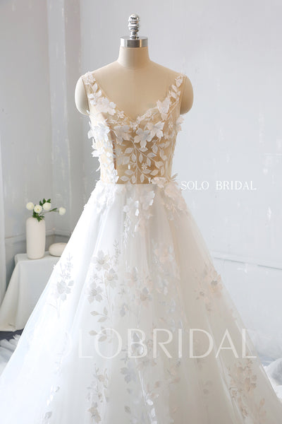 Ivory Leaf and 3D Flowers A Line Wedding Dress