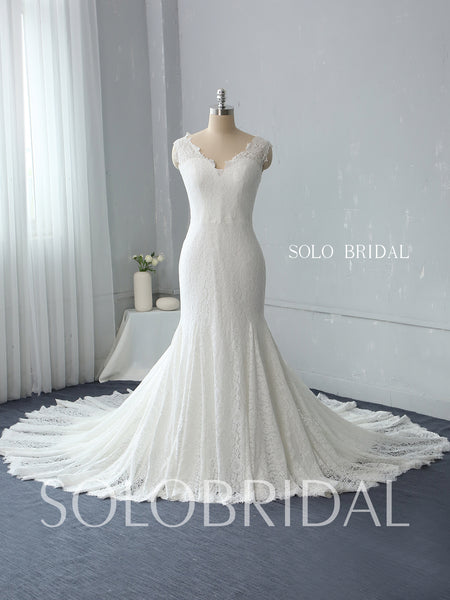 Fit and Flare Ivory Lace Wedding Dress with Cathedral Train