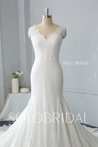 Fit and Flare Ivory Lace Wedding Dress with Cathedral Train