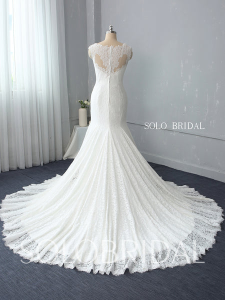 Fit and Flare Ivory Lace Wedding Dress with Cathedral Train