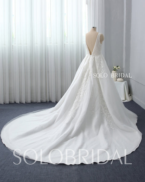 A Line Plunging V Neck Wedding Dress with Cathedral Train