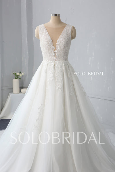 A Line Plunging V Neck Wedding Dress with Cathedral Train