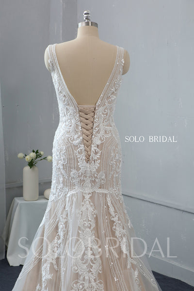 Blush Fit and Flare Plunging V Neck Wedding Dress with Court Train