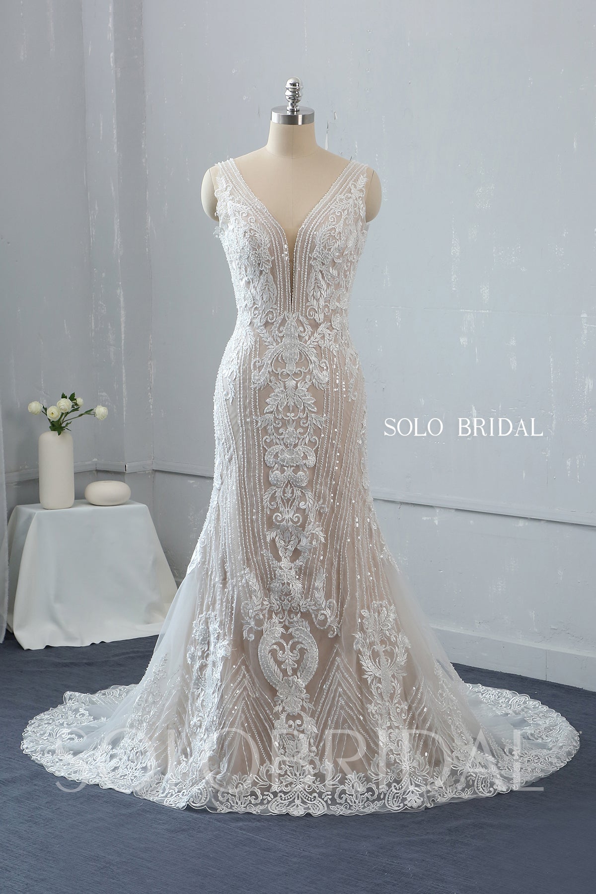 Blush Fit and Flare Plunging V Neck Wedding Dress with Court Train