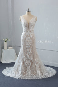Blush Fit and Flare Plunging V Neck Wedding Dress with Court Train