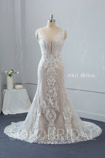 Blush Fit and Flare Plunging V Neck Wedding Dress with Court Train