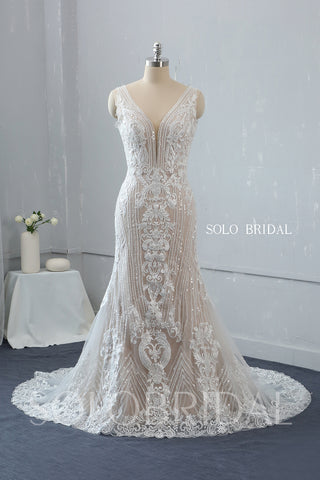Blush Fit and Flare Plunging V Neck Wedding Dress with Court Train
