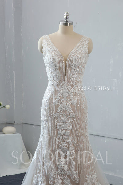 Blush Fit and Flare Plunging V Neck Wedding Dress with Court Train