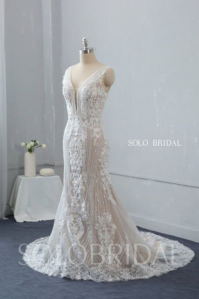 Blush Fit and Flare Plunging V Neck Wedding Dress with Court Train