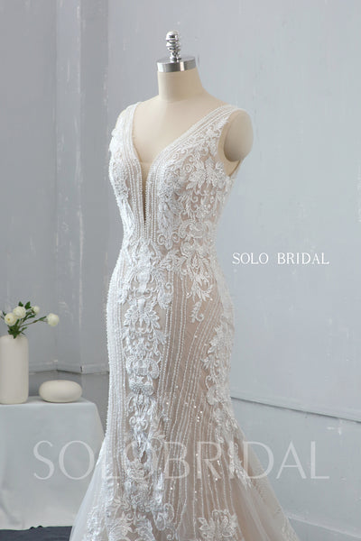 Blush Fit and Flare Plunging V Neck Wedding Dress with Court Train