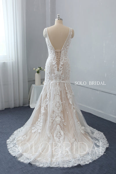 Blush Fit and Flare Plunging V Neck Wedding Dress with Court Train