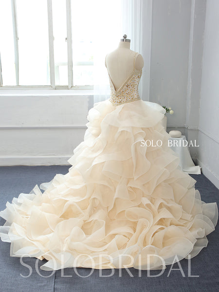 Light Champagne Ruffle Ball Gown Wedding Dress with Sweep Train