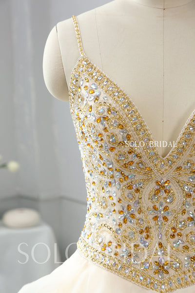 Light Champagne Ruffle Ball Gown Wedding Dress with Sweep Train