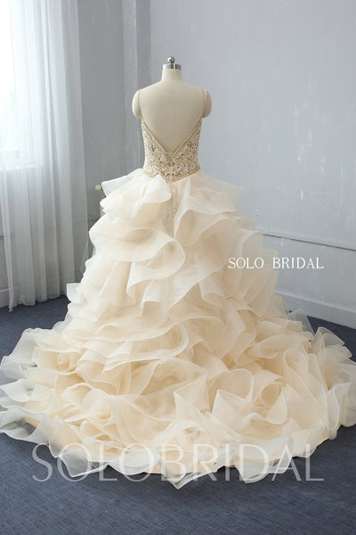 Light Champagne Ruffle Ball Gown Wedding Dress with Sweep Train