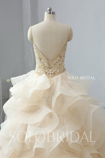 Light Champagne Ruffle Ball Gown Wedding Dress with Sweep Train