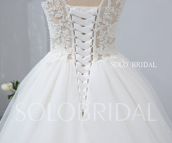 Deep V Neck Ivory Wedding Dress with Cathedral Train