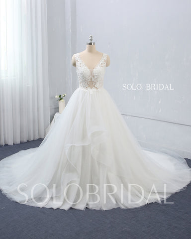 Deep V Neck Ivory Wedding Dress with Cathedral Train