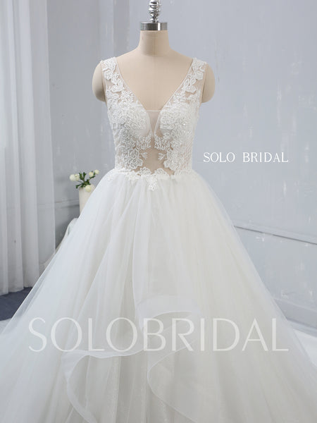 Deep V Neck Ivory Wedding Dress with Cathedral Train